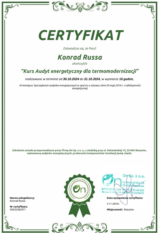 Kurs Audyt energetyczny dla termomodernizacji